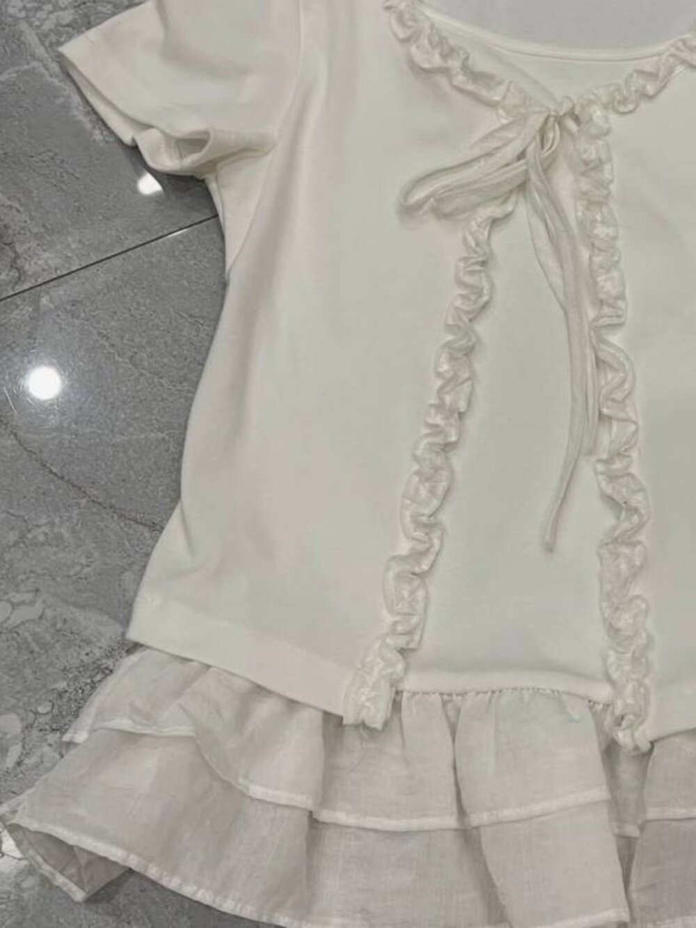 White Short Sleeve Ruffle Tie Top - Picture 3 of 3